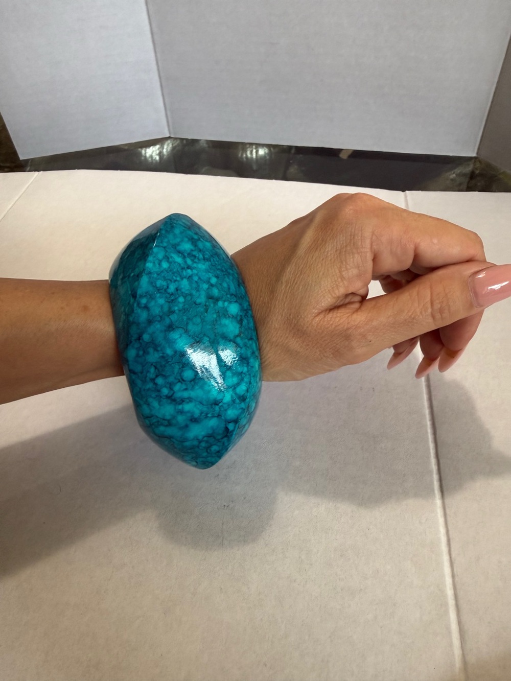 HUGE BRACELET Bold Turquoise Blue Marbled Heavy Bangle Unique Shape Bracelet